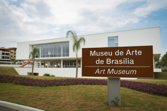 Fotografia da fachada contemporânea do Museu de Arte de Brasília com placa de sinalização bilíngue (português e inglês), vegetação paisagística e céu parcialmente nublado ao fundo.